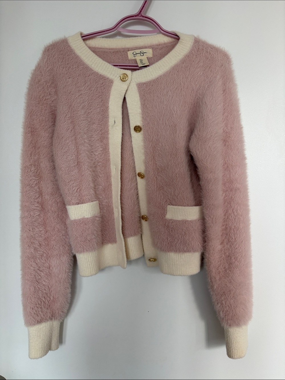 Jessica Simpson Blush Pink and Cream Fuzzy Cardigan